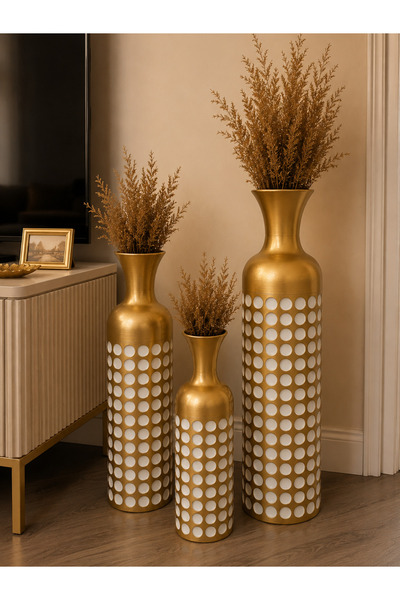 Vien Home Seramik Görünümlü Metal Dekoratif Yer Vazosu – Gold Beyaz Puantiyel...