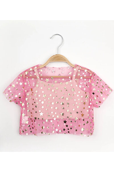 Le Mabelle Pembe Yıldız Baskılı Kısa Kollu Kız Çocuk Tül Crop