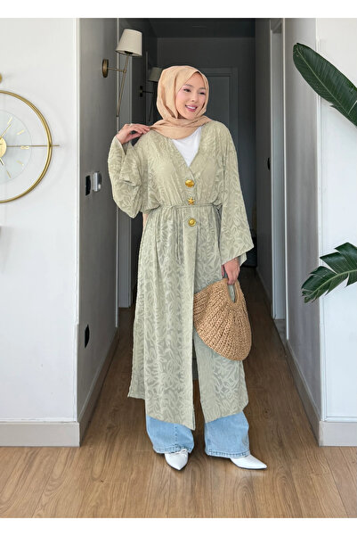 Moda Misali Jakarlı Kimono Yelek Gold Aksesuarlı