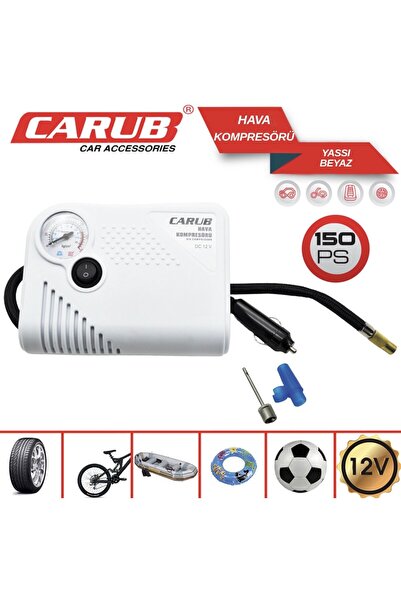 Carub Hava Kompresörü Yassı 12V Beyaz 150 Psi Çakmaklık Girişli Lastik Şişirici