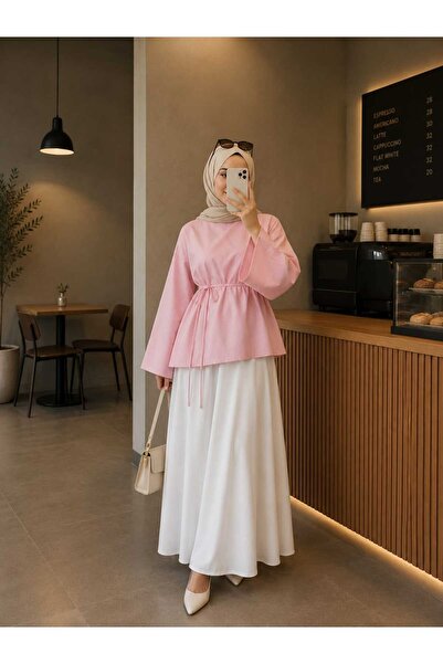 New Lune NEWLUNE Pembe pamuklu asimetrik kesim gömlek, bel bağlamalı oversize...