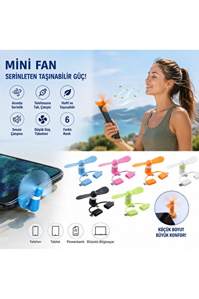 GoldPrestij Type-C ve Lighting Girişli Fan - Taşınabilir Usb Mini Pervane - C...