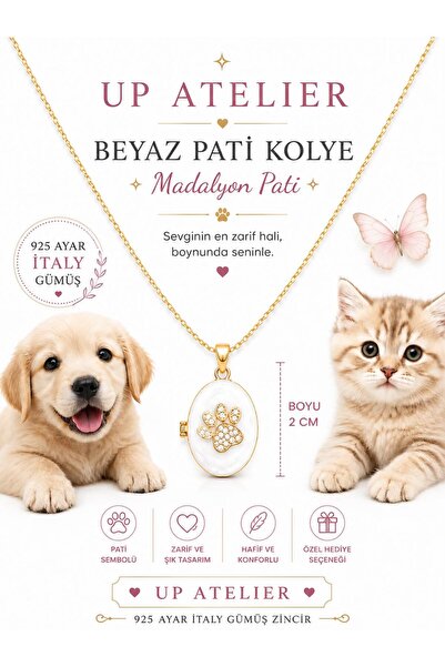 Up Atelier 925 Ayar Gümüş İthal Zincirli Beyaz Sedefli Zirkon Taş Detaylı Pat...