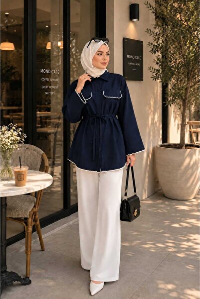 New Lune Dantel detaylı belden baglamalı Gömlek Tunik Kadın oversize uzun kol...