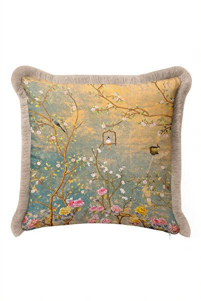 Evimde Bambaşka Floral Japanese Garden Fringe Pillowcase - Far East Boho Turq...