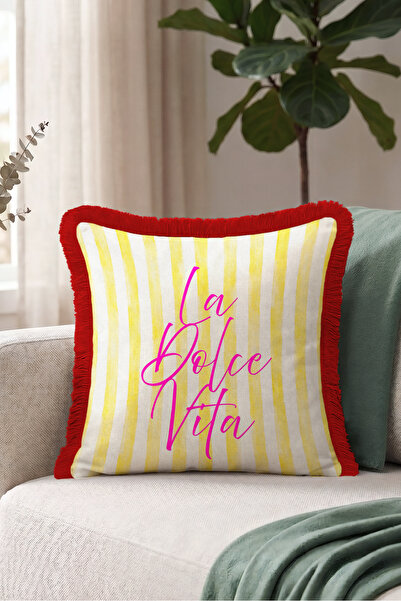 Evimde Bambaşka La Dolce Vita Striped Summer French Fringed Pillowcase - Yell...