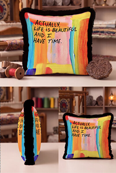 Evimde Bambaşka Colorful Lettering Fringed Pillowcase - Pop Art Pink Orange B...