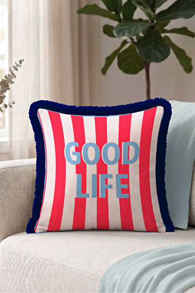 Evimde Bambaşka Pop Art Good Vibes Fringed Pillowcase - Navy Blue Retro Red B...