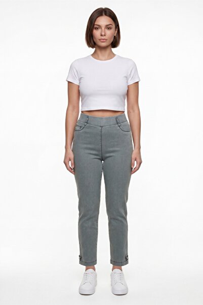 EXİTLİNE Women's Khaki Summer High-Waisted Pants with Embroidered Cuffs and P...