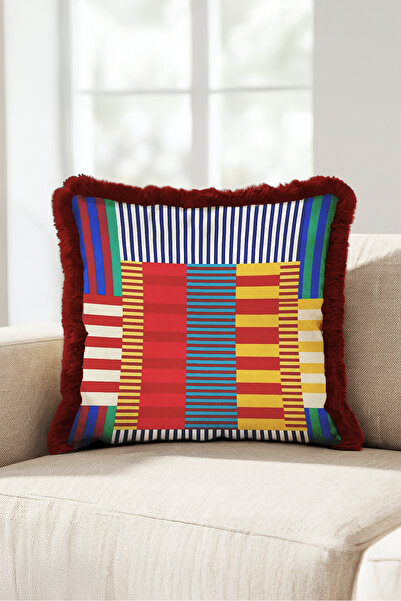 Evimde Bambaşka Colorful Striped Patchwork Fringed Pillowcase - Geometric Boh...