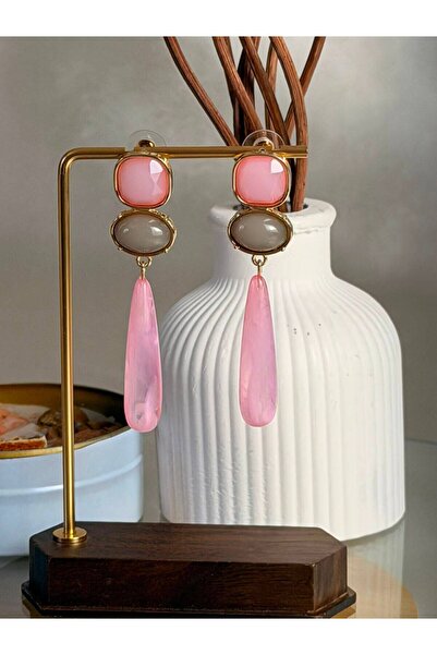 ANKA JEWELLRY Women's Stainless Steel Gold Color Pink Stone Long Hanging Earr...