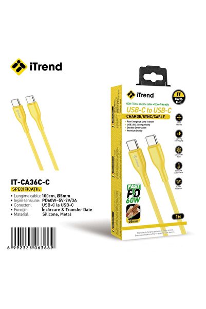 itrend Cablu USB-C la USB-C iTrend, 1 m, Încărcare Rapidă PD 60W, Silicon, Ga...