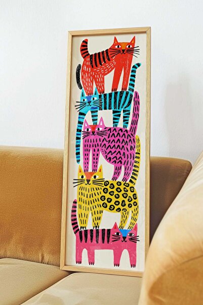Buka Shops Renkli Kediler Tablosu Naif Sanat – Neşeli Modern Dikey Sanat Post...