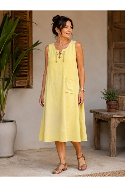 cesita Women's Yellow Pocketed 100% Cotton Muslin Fabric Casual Bell Dress