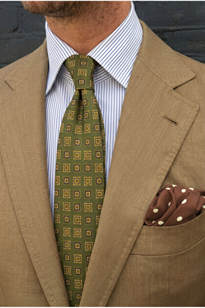 CROATE Milano Pattern Tencel Textured Premium Men's Tie Khaki Pastel Green Si...