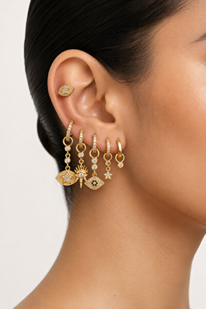 synshop Set of 6 Gold Color Stone and Eye Star Figured Multiple Hoop Earrings...