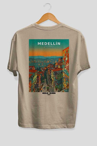 Ankhises Medellin Colombia Beige Oversize Country City Back Printed Unisex T-...