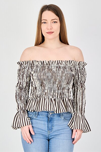 vivere Women Off Shoulder Long Sleeve Stripe Blouse, Multicolor