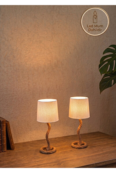 RubaTrend Rustik Halat Tasarımlı Minyatür 2'li Abajur / Masa Üstü Dekor Lambası 17x6 CM | 2'li Set