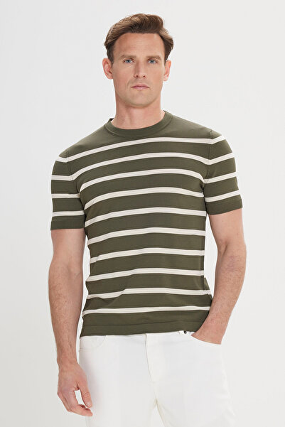 ALTINYILDIZ CLASSICS Men's Khaki-Ecru Standard Fit Regular Cut Crew Neck Stri...