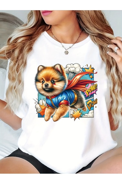 212Wear تي شيرت بطبعة كلب، بلوزة ناعمة بأكمام قصيرة وياقة دائرية بتصميم كلب ا...