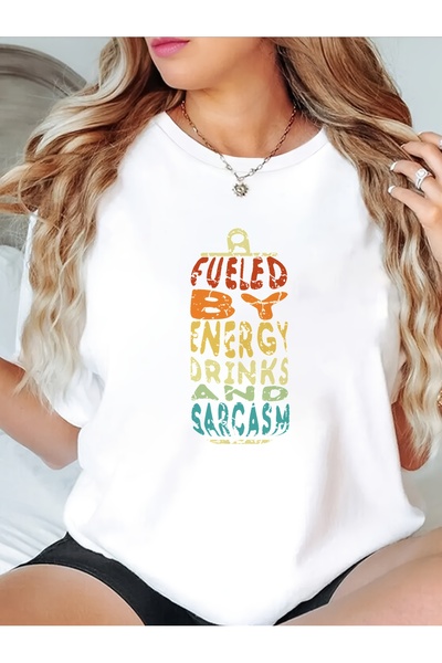 212Wear تي شيرت نسائي كاجوال بأكمام قصيرة وطباعة "Fueled by Energy Drinks Sar...