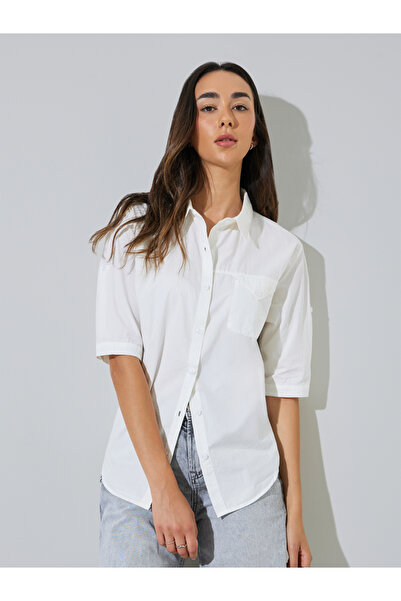 Styli White Solid Short Sleeve Casual Shirt