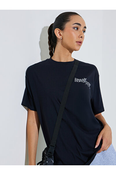 Styli Black Cotton Oversized Slogan Print T-Shirt