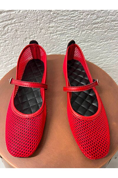 Beyond Women's Red Strappy Buckle Mesh Ballerinas 1cm Byndfile01