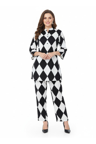 RIZQE Harlequin Diamond Printed Kurti Co-ord Set | Rizqé by Zadine Black & Wh...