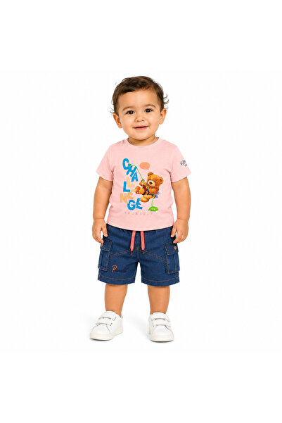 Generic Boy's Set of Shirt and Denim Shorts with Bear Print