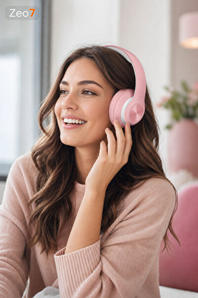 Zeo7 Pembe Bluetooth Kulak Üstü Kulaklık, FM/MP3, TF Kart, AUX, Mikrofon ve K...