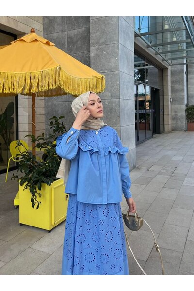 PİNK FLY Ruffled stone embroidered skirt and shirt set