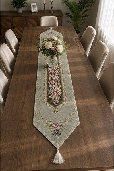 Yeshome Collection Royal Bouquet Şönilli Goblen 35X170 Tasseled Runner Coffee...
