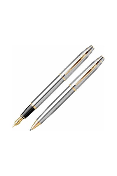 Flow Scrikss Fountain Pen & Ballpoint Pen Set 35 Noble Gold Chrome (Name Prin...