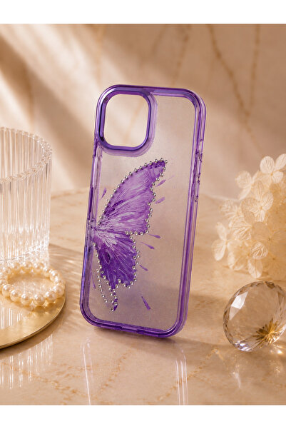 botyco Iphone 15 Plus (6.7 inç) Uyumlu Simli Şeffaf Kelebek Desenli Renk Geçi...