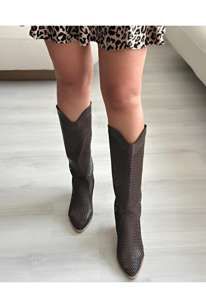 SHOEBOURNE Cizme de cowboy de vară din piele maro, tăiate cu laser, perforate...