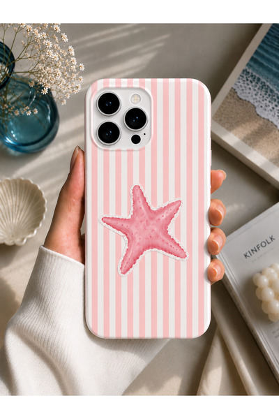 OVADA İphone 15 Pro Max Uyumlu Pembe Deniz Yıldızı Desenli İçi Kadife Soft Te...
