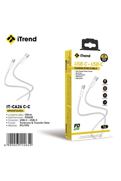 itrend Cablu USB-C la USB-C iTrend, 1 m, Încărcare Rapidă PD 60W, PC + TPU, Alb