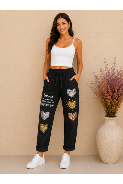 AGORATEKSTİL Women's Original Italian Full-Ligra Elastic Waist Heart Sequin D...