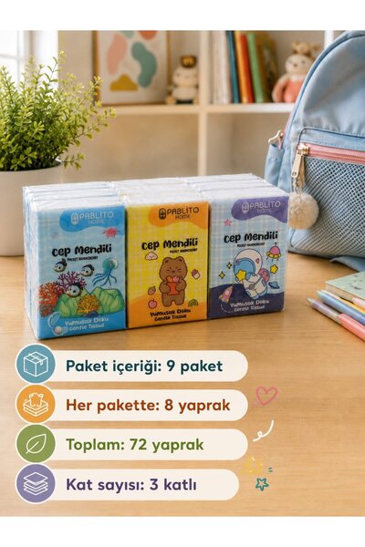 9'lu Kağıt Cep Mendili 72 Yaprak Kompakt Paket Günlük Kullanım