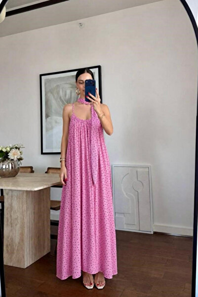 QBZ PUANTİYELİ İP ASKILI FÜLARLI MAXİ ELBİSE
