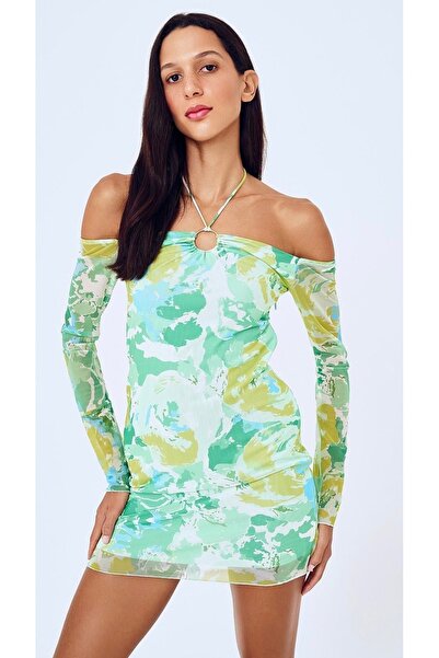 St boutique Desenli Tül Mini Elbise Mint