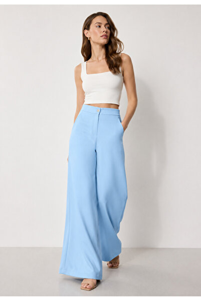 exxitcollection Elastic Waist Women's Baby Blue Pants Wide Leg Non-See-Throug...