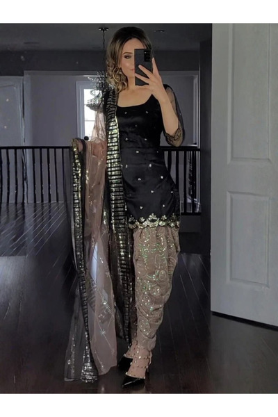 MYSMAR Black Faux Georgette Salwar Kameez & Dupatta - HRT2070 | Black-Size-L-...