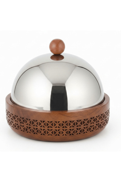 AKDC Luhpar Brown Wooden Bowl with Stainless Steel Dome Lid - 20×22 cm