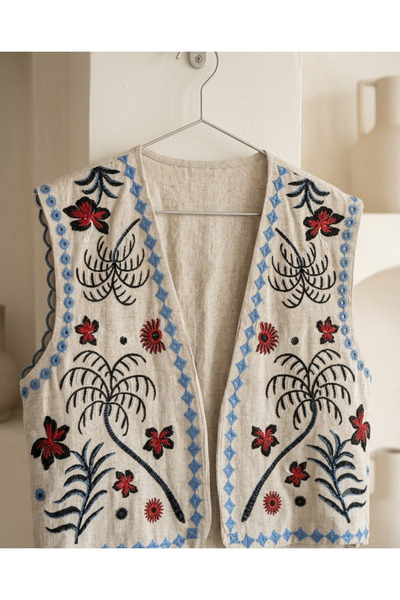 Yoncha Studio Bohemian Embroidered Linen Women's Vest - Ethnic Embroidered Ov...