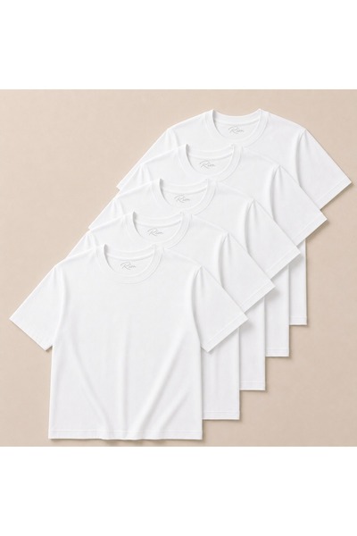 Pamuklu Bisiklet Yaka Beyaz T-Shirt 5'li Paket