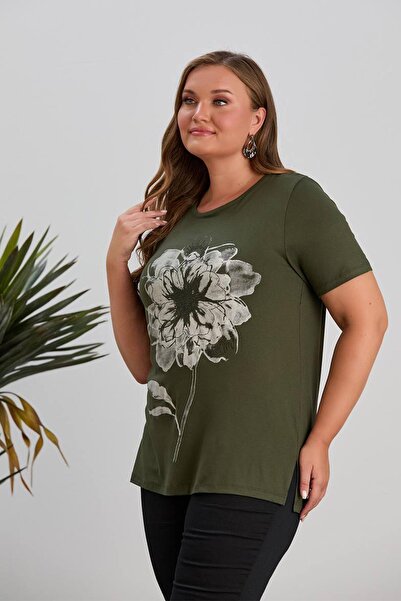Hermevsim Wearon Women's Esra Short Sleeve Khaki T-Shirt with Rose Print on t...