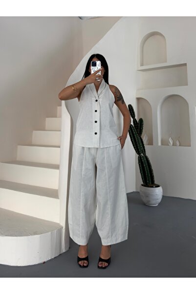 LB Laluna Butik Women's Linen Vest and Shalwar Pants Set